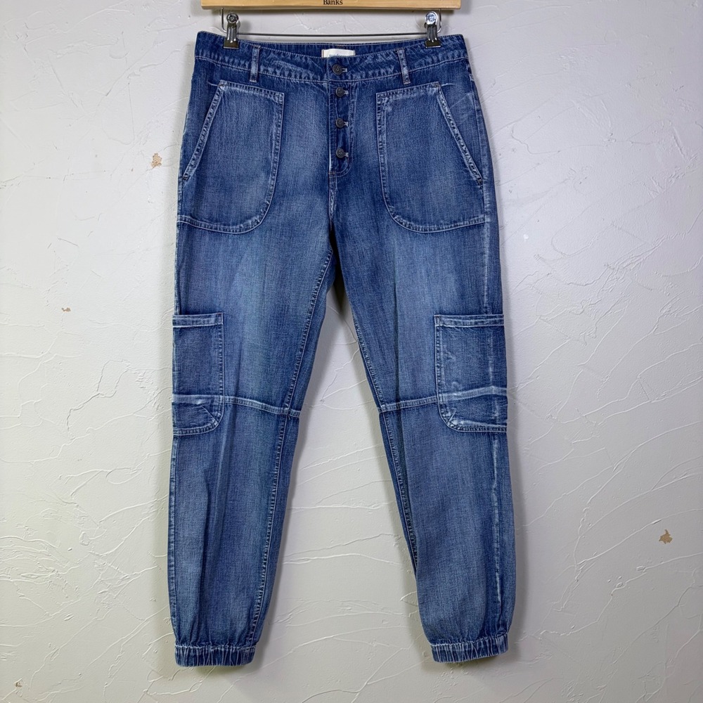 Sundance Cargo Jogger Jeans Womens 8 Blue Denim Button Fly Elastic Hem Cottage